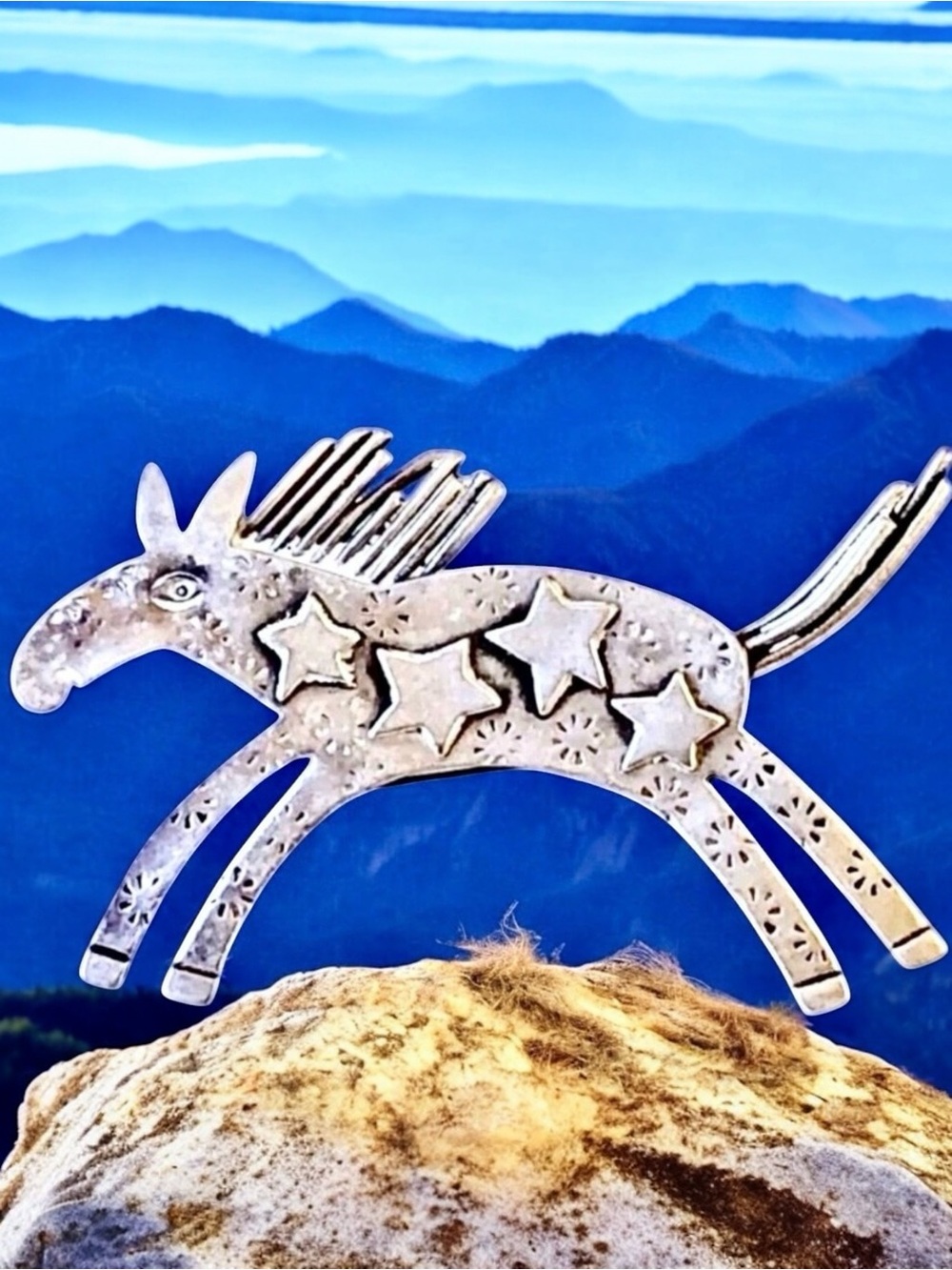 Artisan MIMI Sterling Silver Brooch Pin BLAZING STAR HORSE 1994 Signed